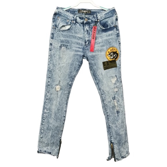Reason Hip Hop Jeans Mens Sz. 36 Acid Wash Distressed Graphic Patches Zi… - Picture 2 of 9